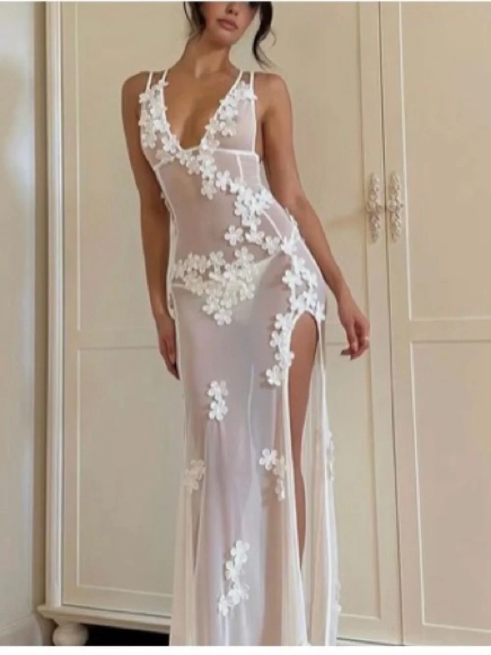 Sheer White Floral Appliqué Maxi Dress - Picture 1 of 1
